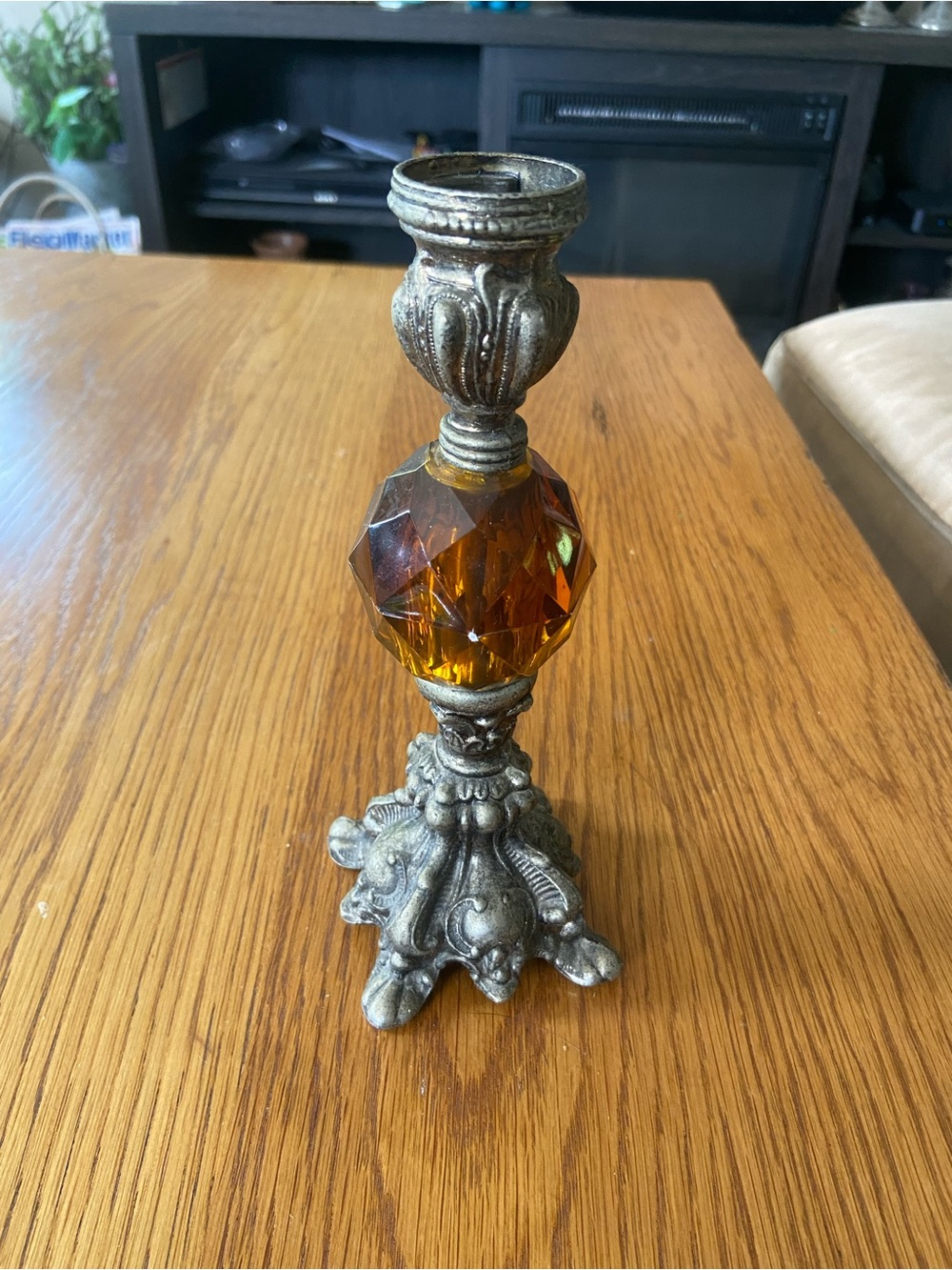 Vintage Hollywood Regency Silver & Amber Candle Holder